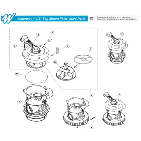 Waterway 1-1/2" Top Mount Sand Filter 7 Function Valve Parts