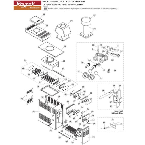 Raypak Model 130A Millivolt & DSI Gas Heater Parts (Mfg Date 10-3-05–Current)