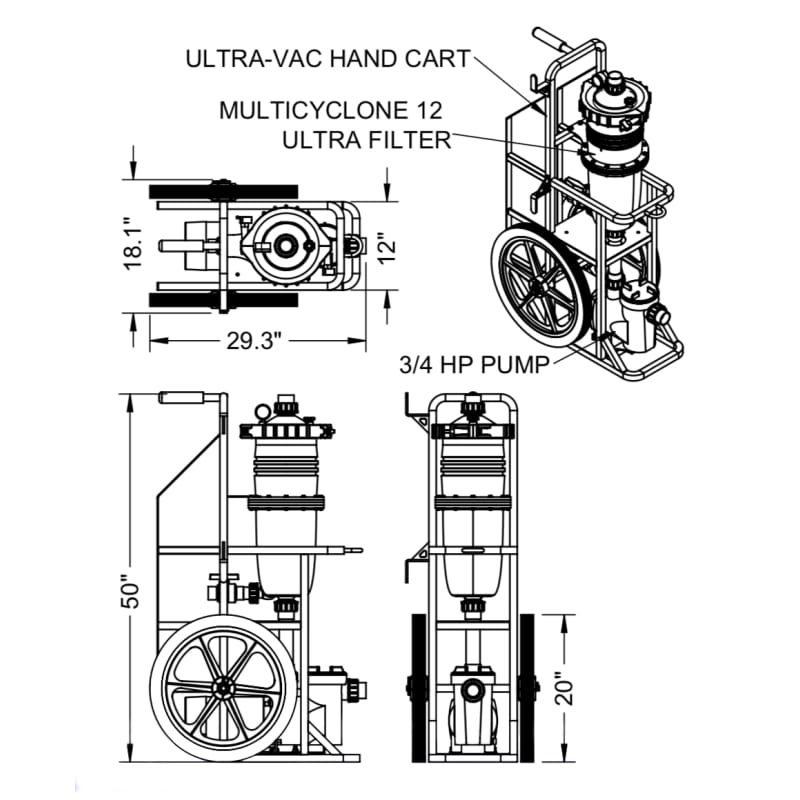 Portable Ultra-Vac Cart with 3/4 HP Pump, 75 sqft Filter with Multicyclone 12 Ultra