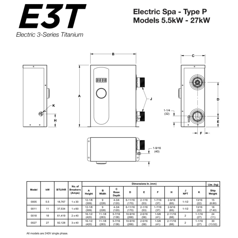 5.5Kw 240V E3T Electric Heater ELS-D-0005-1-Ti