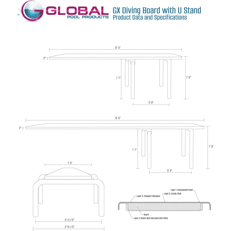 U Frame Diving Board Base 24" - Polished Stainless Steel