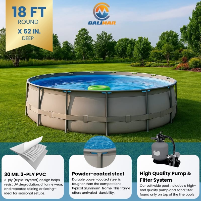 Soft Sided Frame Pool Durable and Spacious Above Ground Pool Package with Highend Pump and Filter Equipment Set, Heavy-Duty 30 Mil Liner (18' Round), Gray