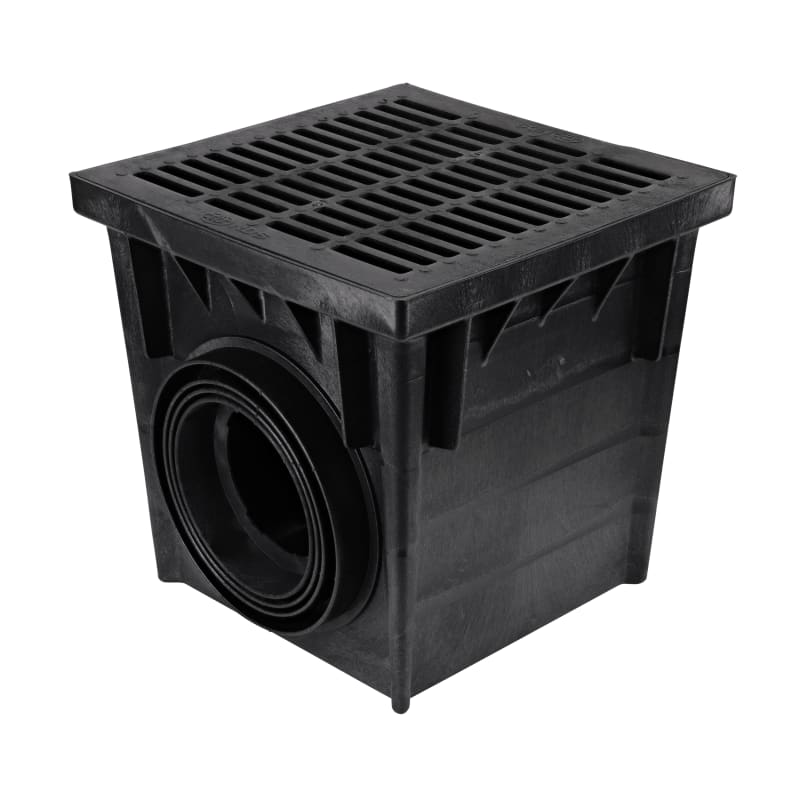 2400BLKIT, 24" Black Square Catch Basin Drain Kit With Black Plastic Grate