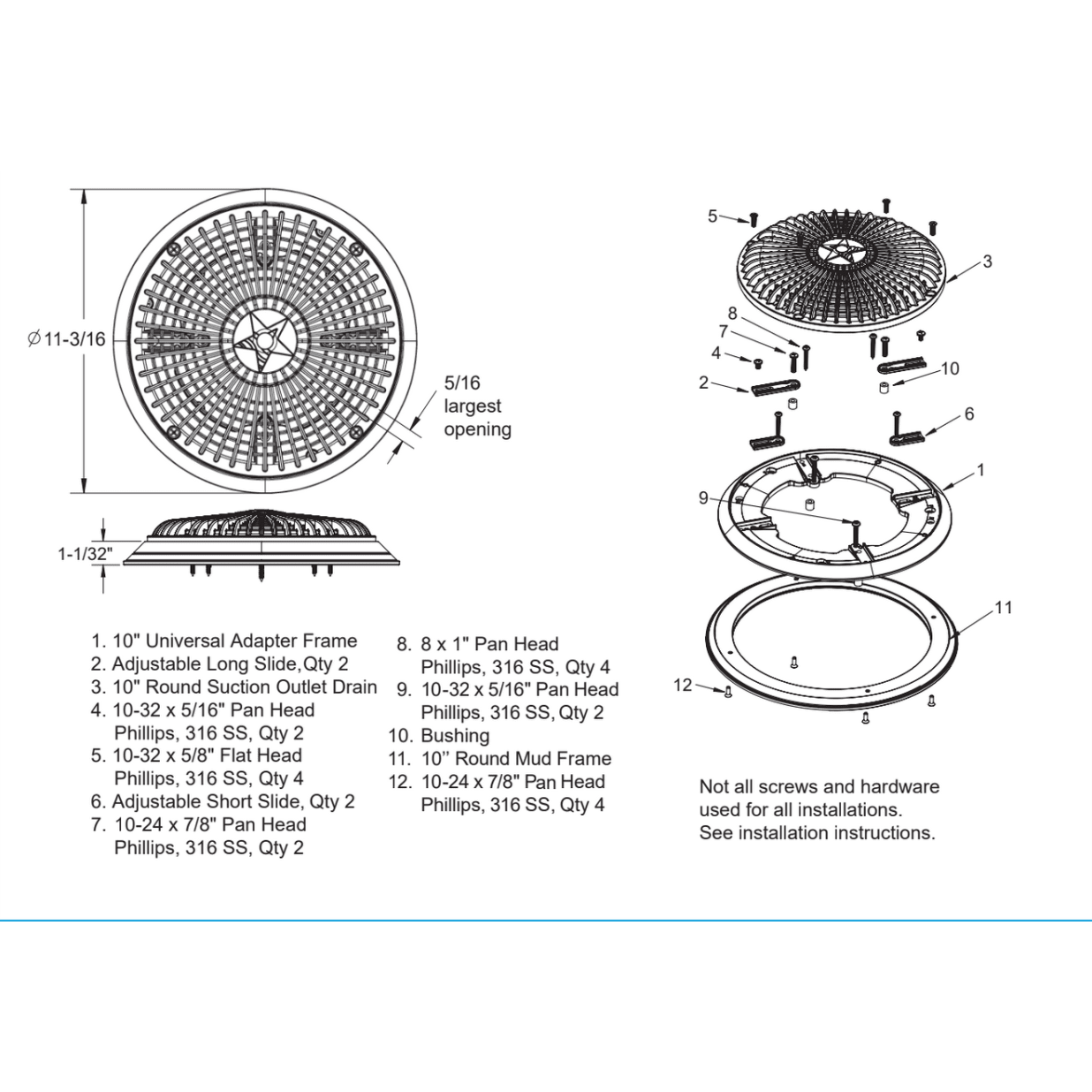 10" Universal Round Main Drain Cover with Universal Adapter Kit, White