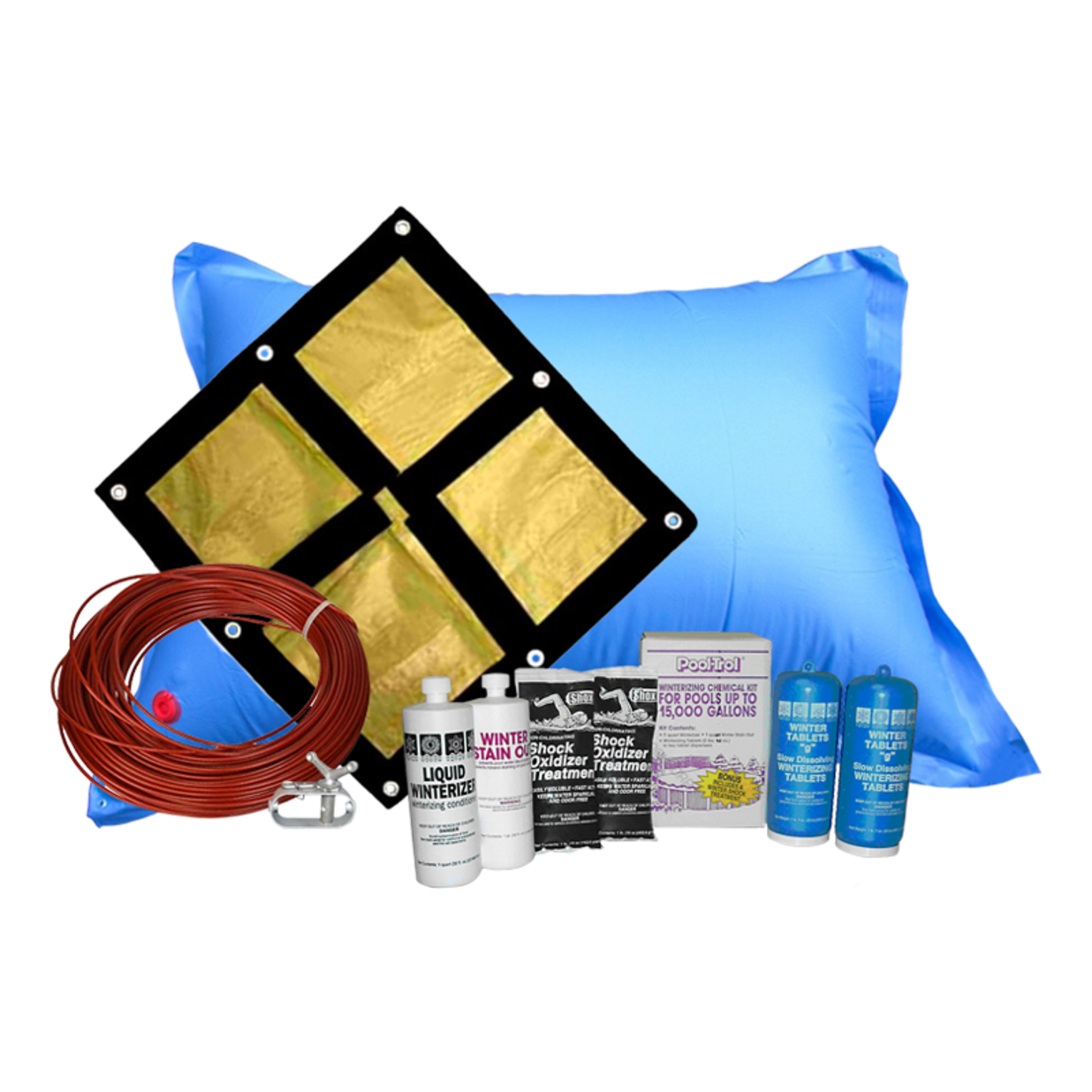 12'x24' Oval Emperor Soild Winter Cover Bundle with 15k Chemical Closing Kit and 4' x 8' Air Pillow