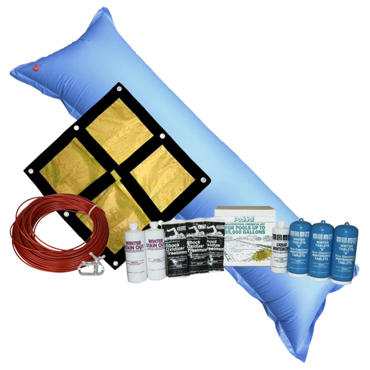 16'x32' Oval Emperor Soild Winter Cover Bundle with 35k Chemical Closing Kit and 4.5' x 15' Air Pillow