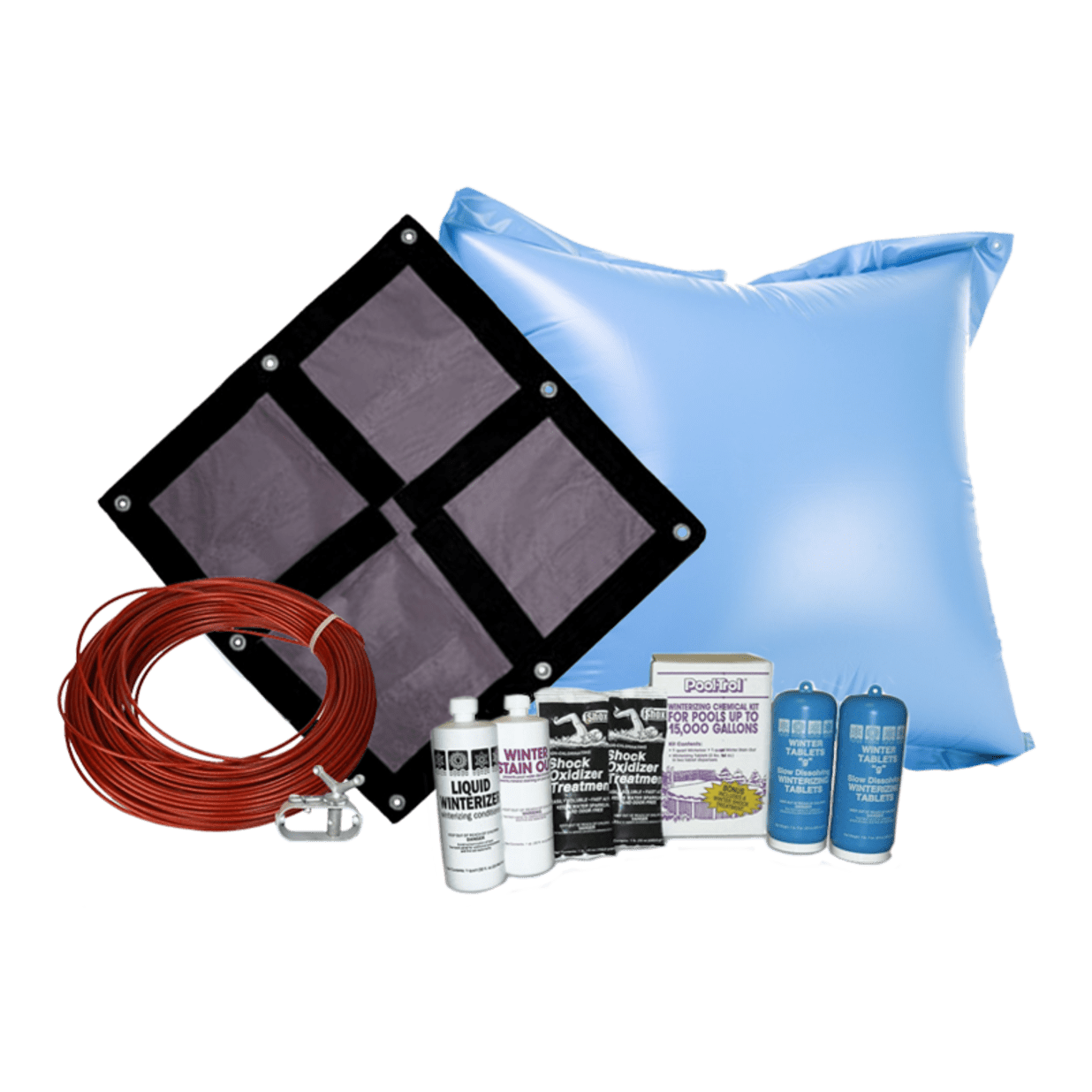 15' Round Ultra Premium Soild Winter Cover Bundle with 15k Chemical Closing Kit and 4' x 4' Air Pillow