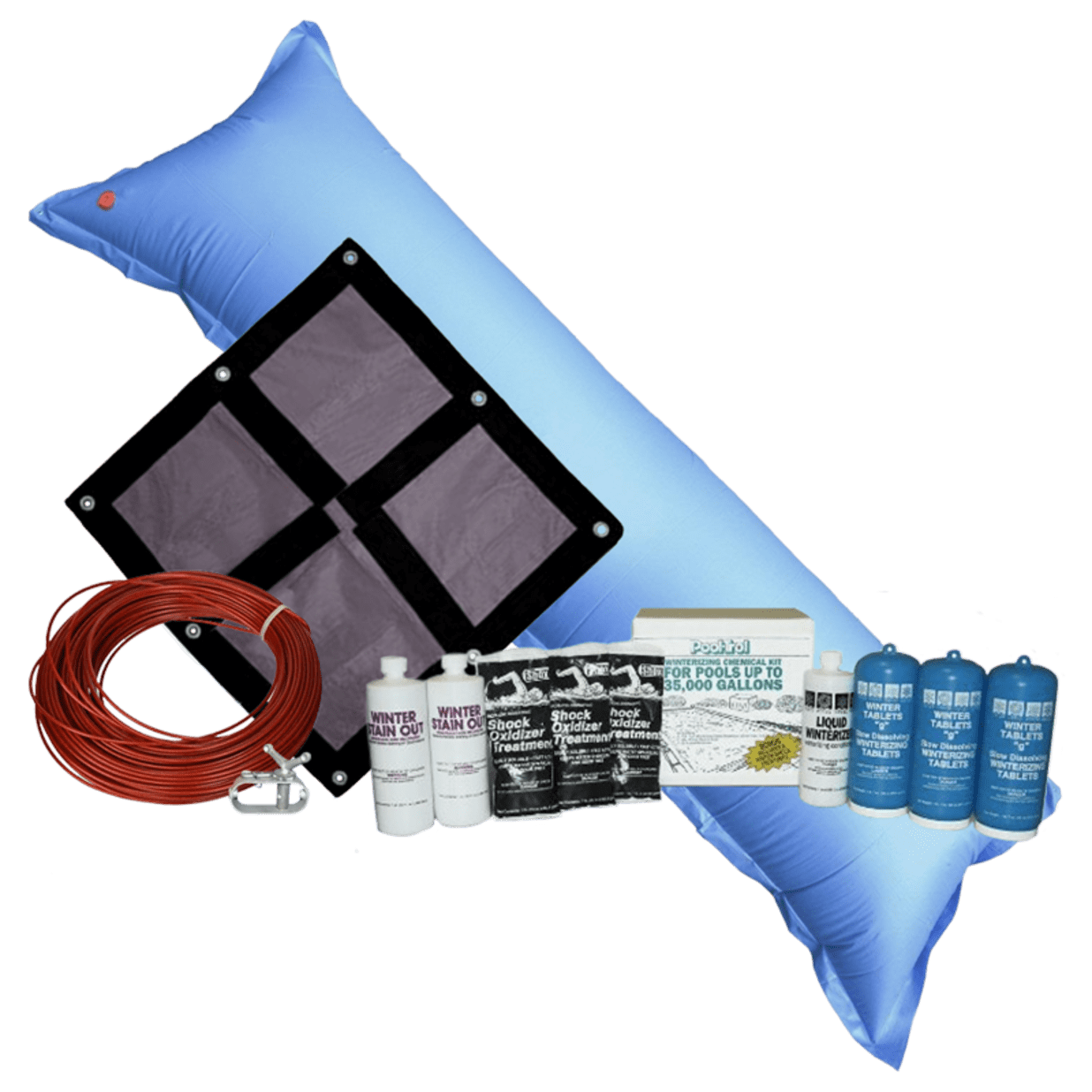 16'x32' Oval Ultra Premium Soild Winter Cover Bundle with 35k Chemical Closing Kit and 4.5' x 15' Air Pillow