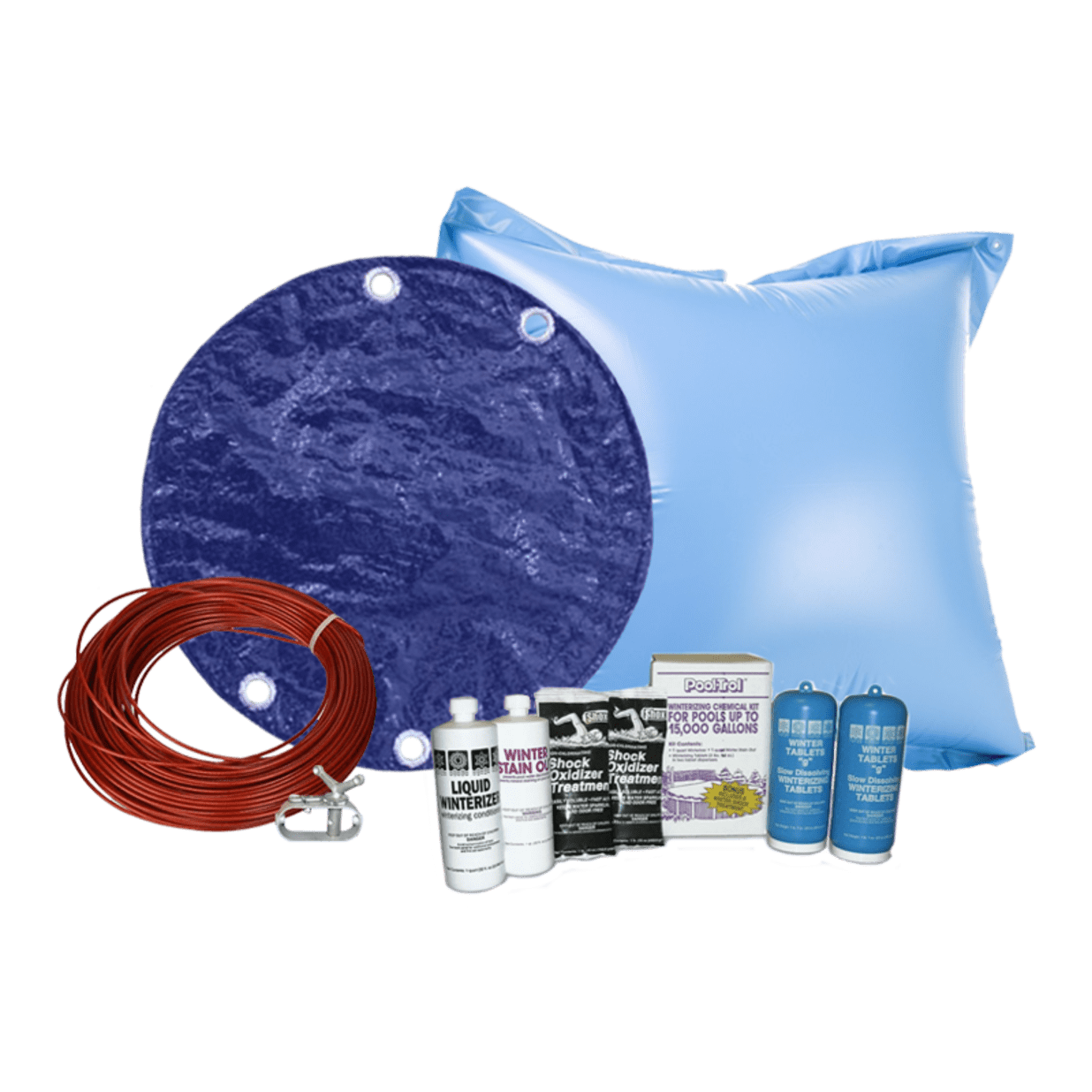 18' Round Royal Solid Cover Bundle with 15k Chemical Kit and 4' x 4' Air Pillow