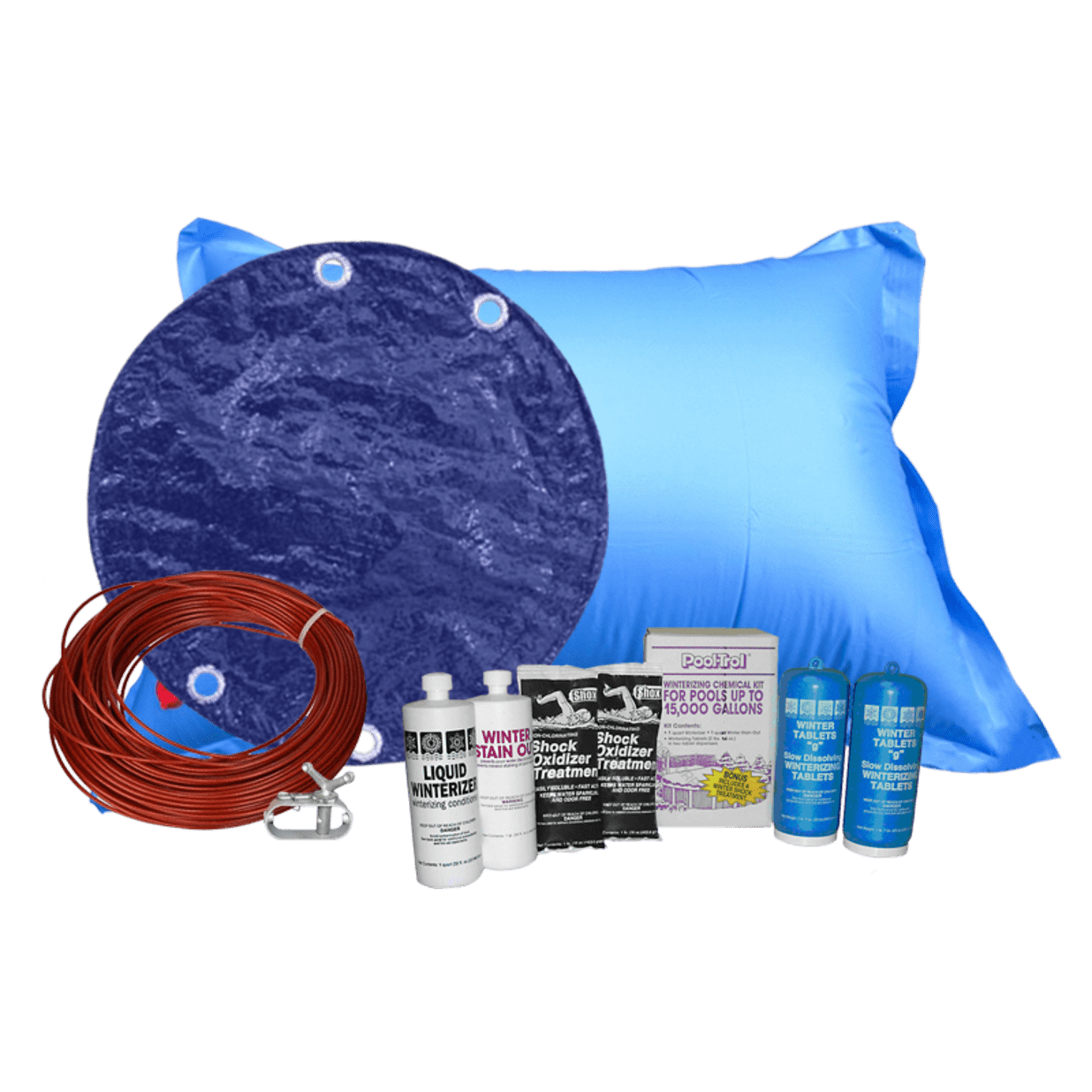 24' Round Royal Solid Cover Bundle with 15k Chemical Kit and 4' x 8' Air Pillow