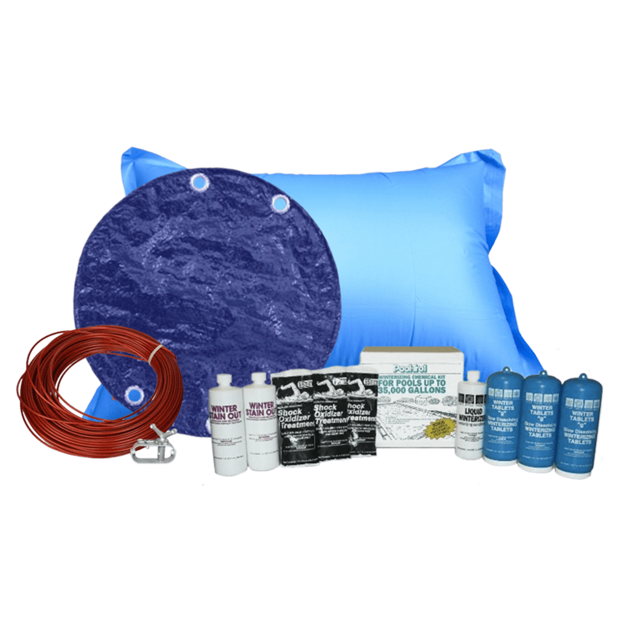 27' Round Royal Solid Cover Bundle with 35k Chemical Kit and 4' x 8' Air Pillow