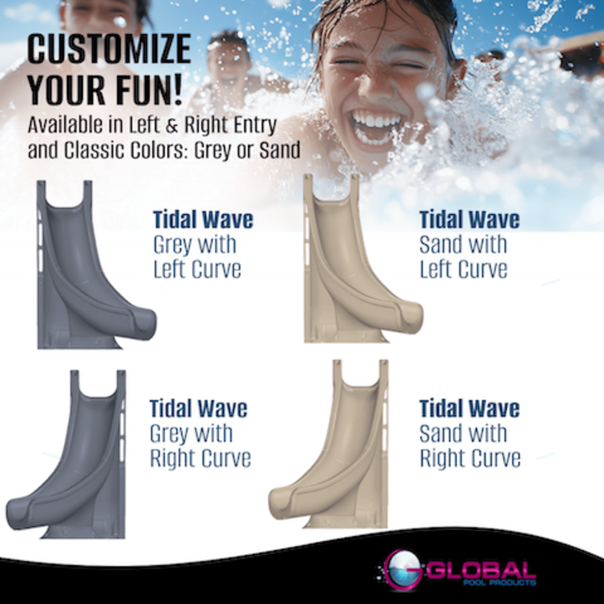 Tidal Wave Pool Slide, Gray Granite, Right Turn