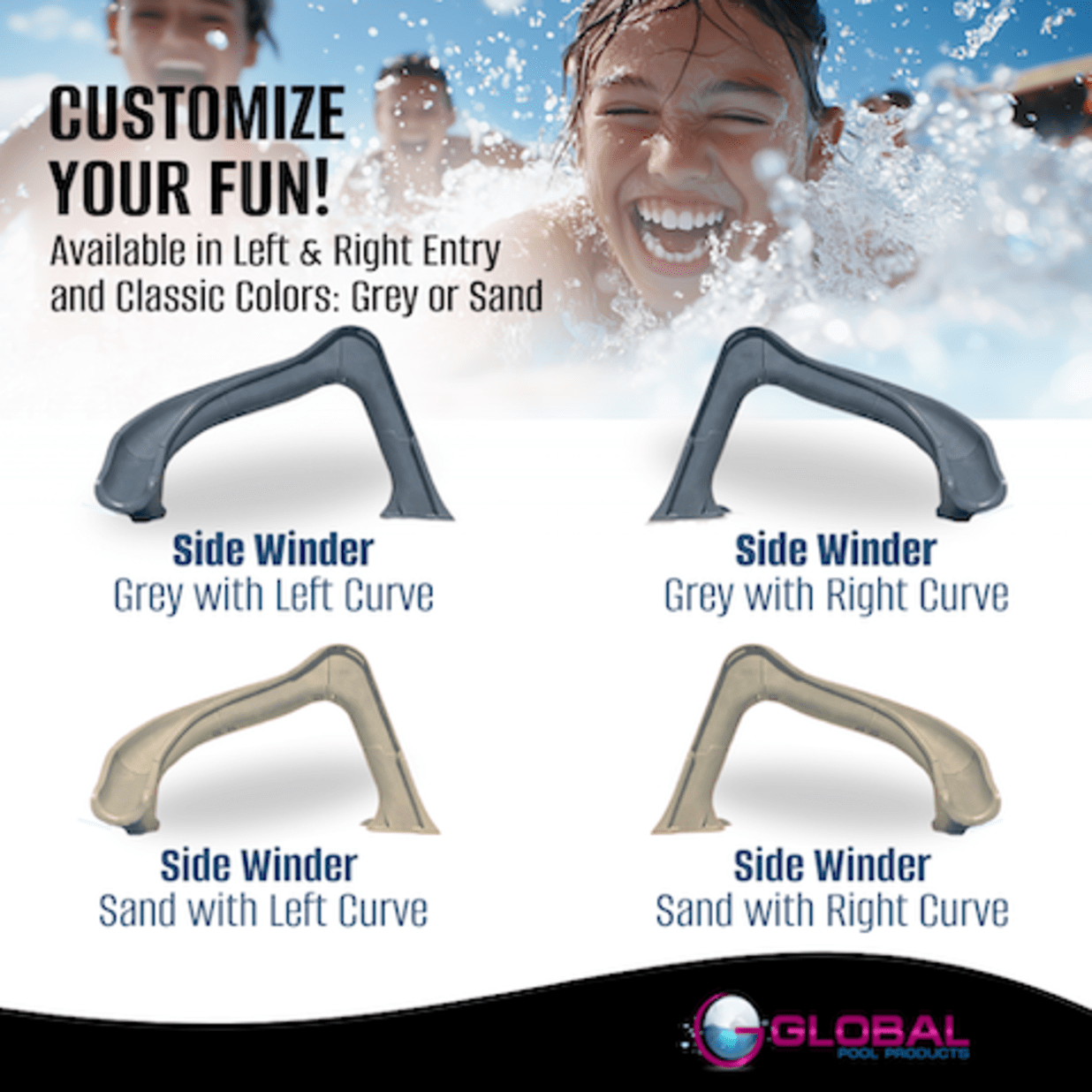 Side Winder Pool Slide, Grey - Right Turn