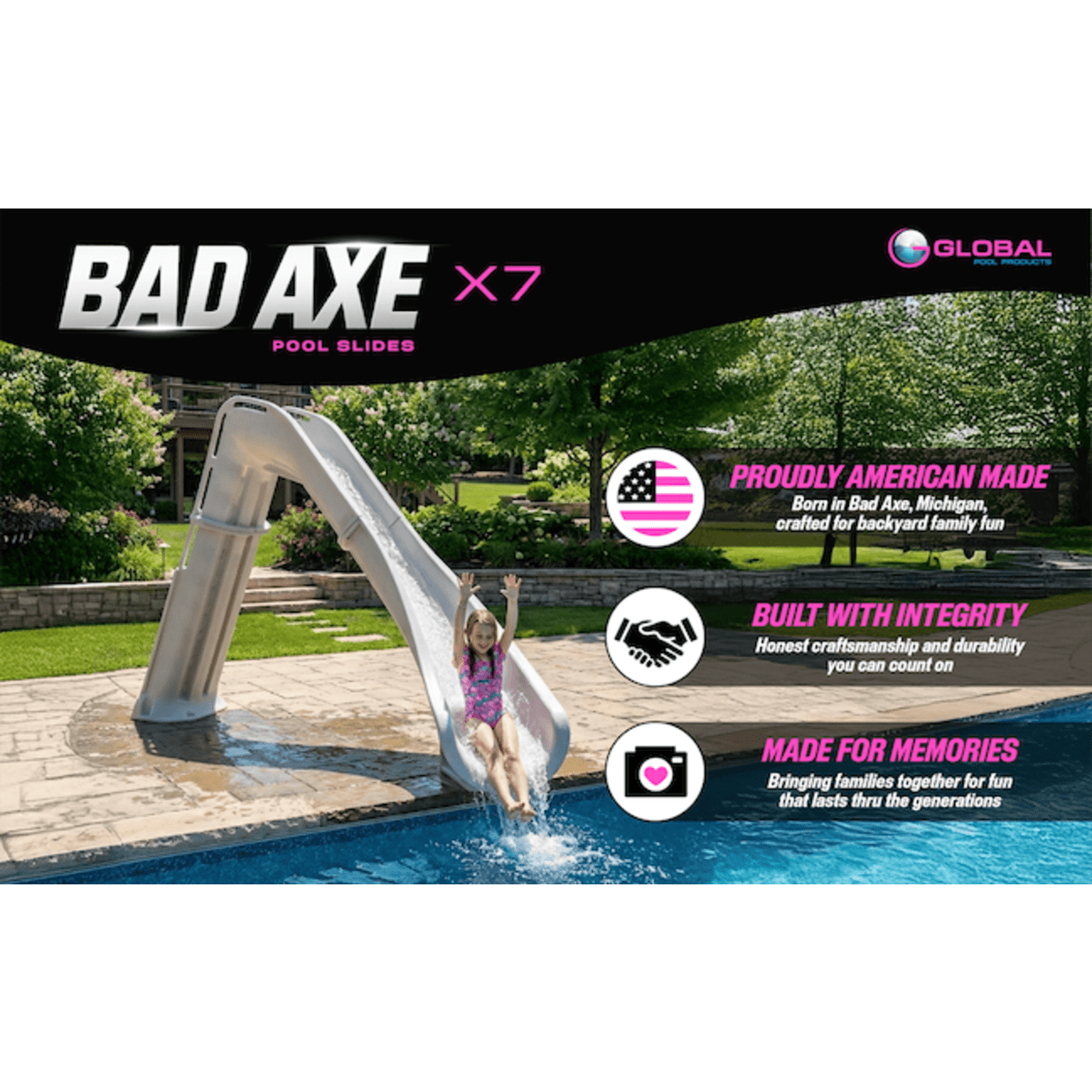 Bad Axe X7 Swimming Pool Slide, Left Turn, Silver Quartz