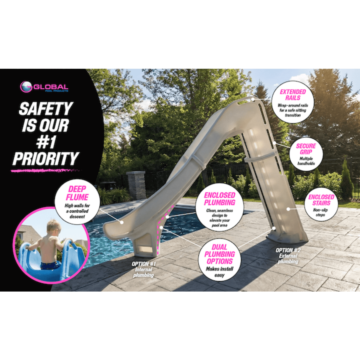 Bad Axe X7 Swimming Pool Slide, Left Turn, Silver Quartz
