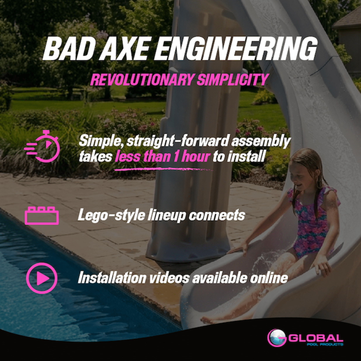 Bad Axe X7 Swimming Pool Slide, Left Turn, Silver Quartz