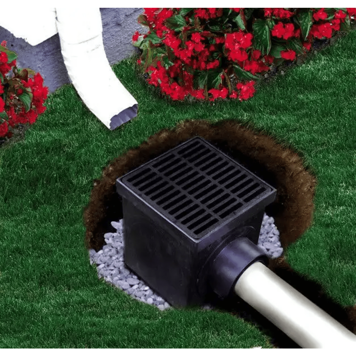 1200BLKIT, 12" Black Square Catch Basin Drain Kit with Black Plastic Grate