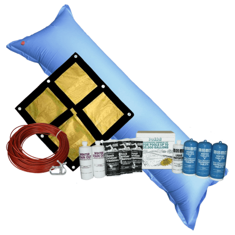 16'x32' Oval Emperor Soild Winter Cover Bundle with 35k Chemical Closing Kit and 4.5' x 15' Air Pillow