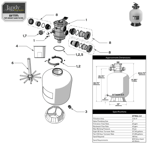 Jandy 24" SFTM Top-Mount Sand Filter Parts, Model SFTM24-2.0
