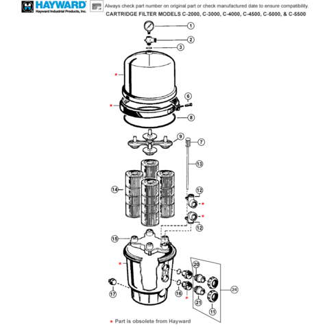 Hayward Super Star Clear C-2000, C-3000, C-4000, C-4500, C-5000, C-5500 Cartridge Filter Parts
