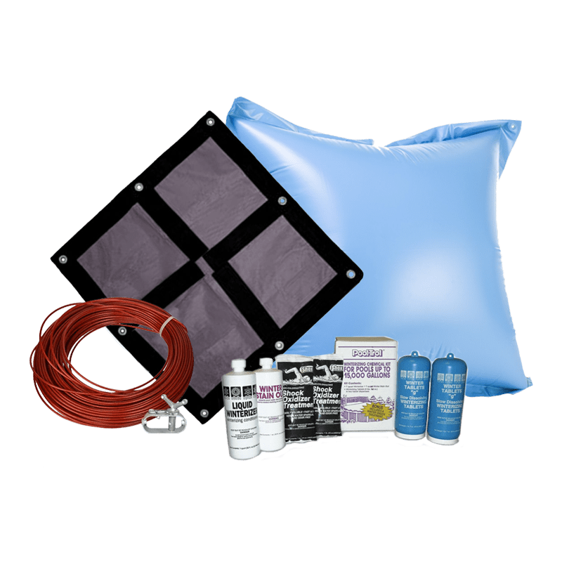 12' Round Ultra Premium Soild Winter Cover Bundle with 15k Chemical Closing Kit and 4' x 4' Air Pillow