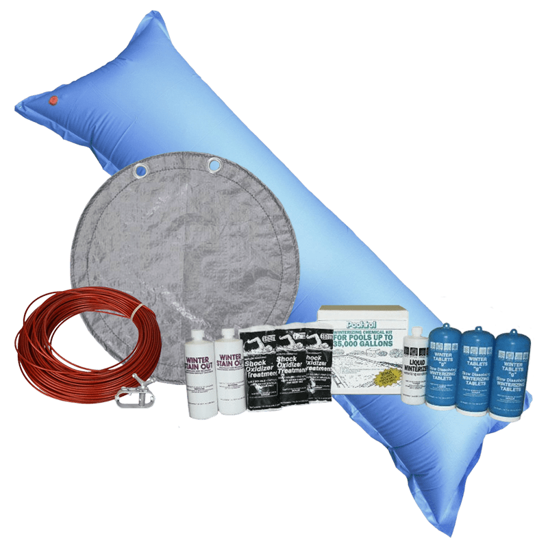 28' Round King Soild Winter Cover Bundle with 35k Chemical Closing Kit and 4.5' x 15' Air Pillow