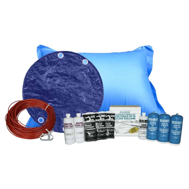 28' Round Royal Solid Cover Bundle with 35k Chemical Kit and 4' x 8' Air Pillow