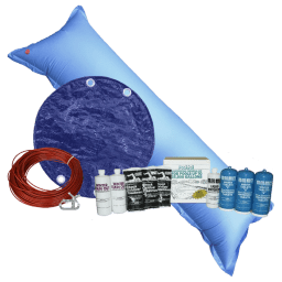 16'x26' Oval Royal Solid Cover Bundle with 35k Chemical Kit and 4.5' x 15' Air Pillow