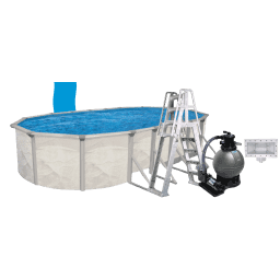 12'x24' Oval Essex Aboveground Pool Package, 52" Wall, Blue Overlap Liner, 16" Sand Filter System, 3/4 Hp Pump, A-Frame Ladder, And Skimmer - Complete Package