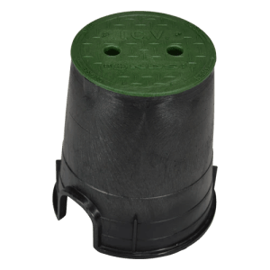 6-inch round valve box with green snap-fit lid, residential single-valve size