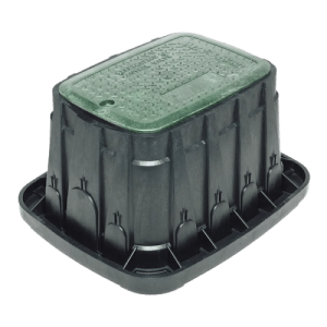 Standard rectangular valve box with black body and green lid, sized for 2 to 3 valve manifolds