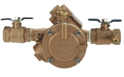 Febco 825 reduced pressure zone assembly, brass body with two inline check valves, a relief valve in the center chamber, and ball valves on both ends