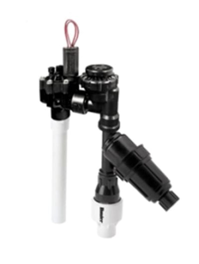 Hunter ACZ-075-25 drip control zone kit: black plastic anti-siphon valve with brown 25 PSI pressure regulator and basket strainer pre-assembled on a 3/4-inch FIPT inlet