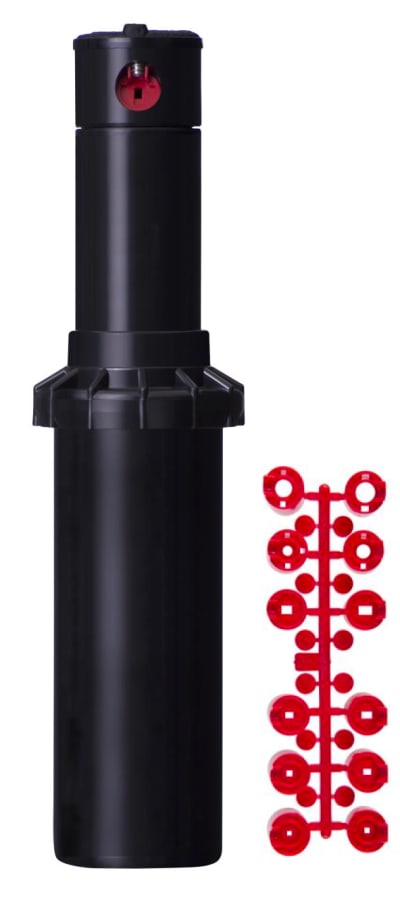 Hunter PGP-ADJ 4-inch pop-up rotor with black cap, retracted body shown vertically