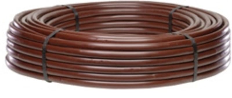 Netafim Techline CV pressure-compensating dripline, 250-foot coil with 0.6 GPH emitters at 18-inch spacing, brown-stripe potable-water-rated tubing