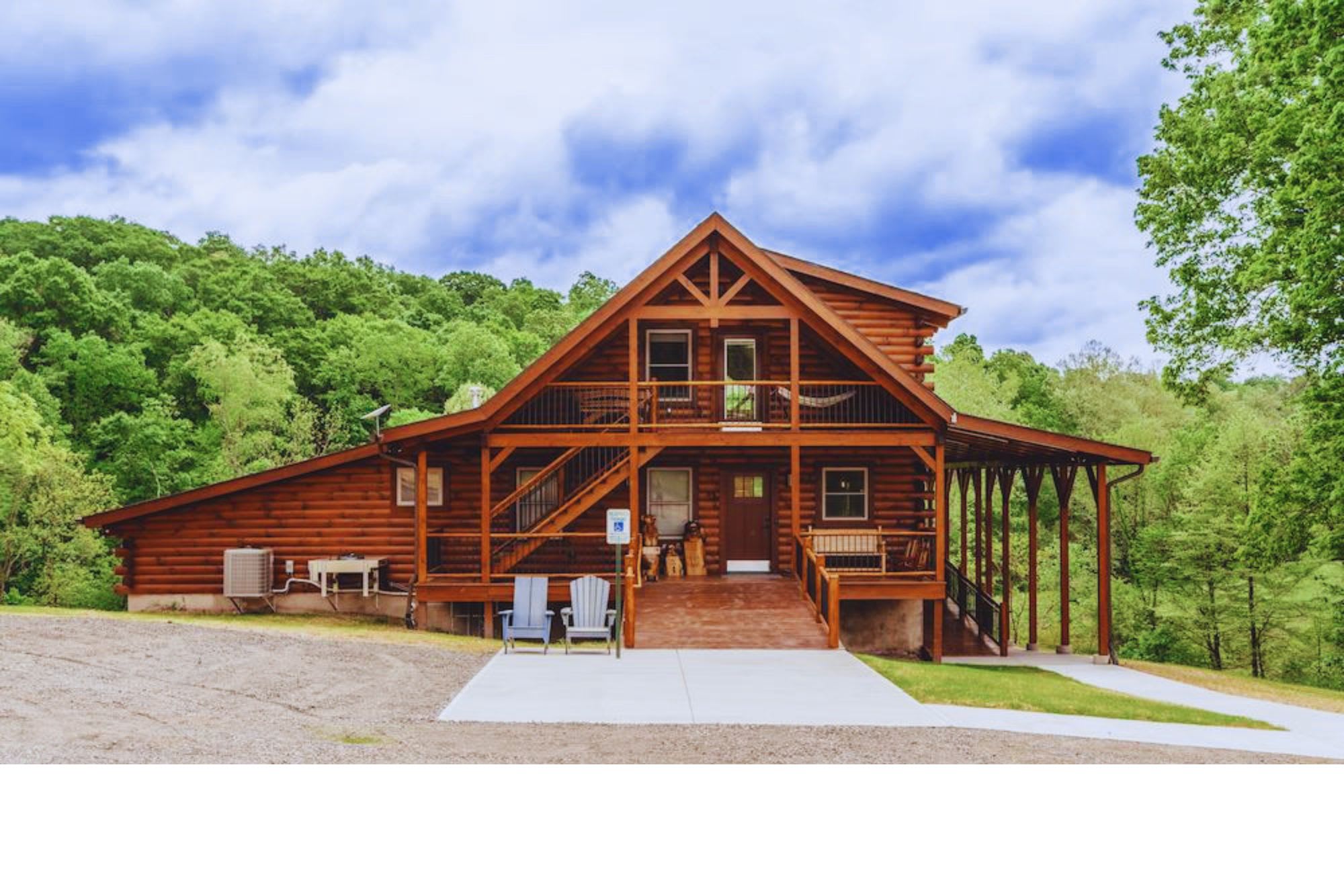 Wheelchair accessible ramps at the front entrance of Pool House Lodge cabin in Hocking Hills