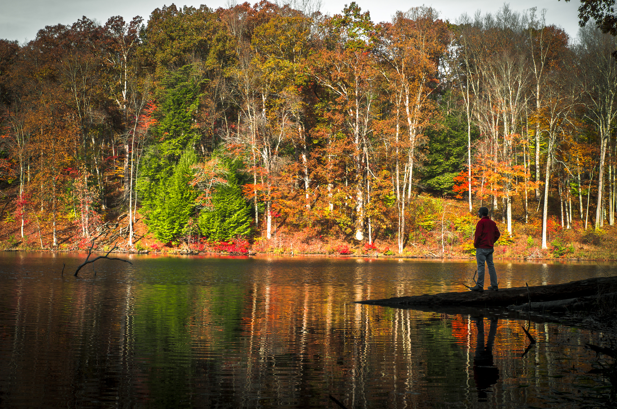 Hiker on trail at Old Man's Cave in Hocking Hills Ohio during fall