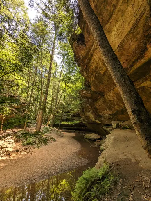 Creek and woodland path beneath a sweeping sandstone overhang at Old Man’s Cave.