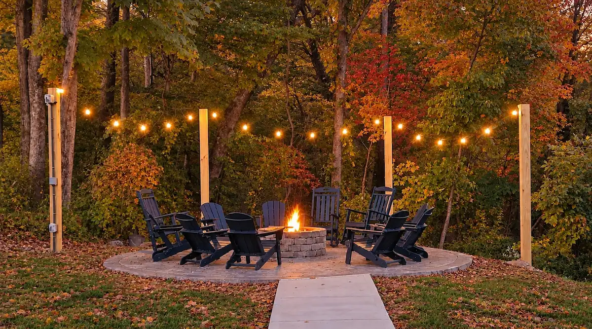 Fire pit with Adirondack chairs, string lights and autumn trees at Pool House Lodge