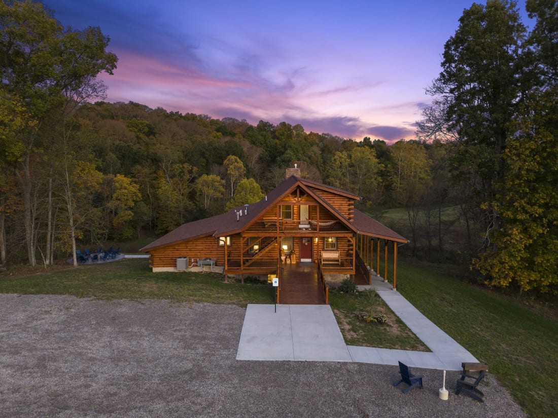 Pool House Lodge from above at dusk