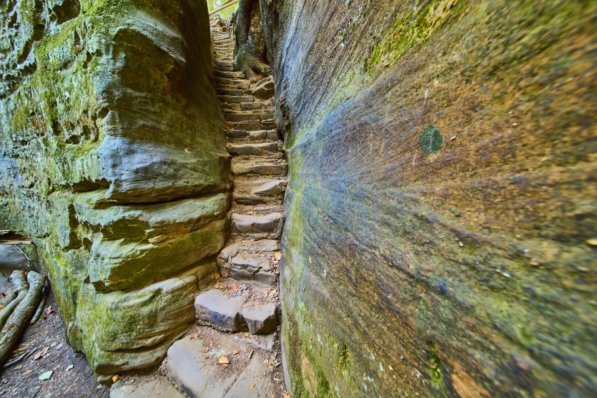Cantwell Cliffs sandstone rock formations in Hocking Hills Ohio in fall