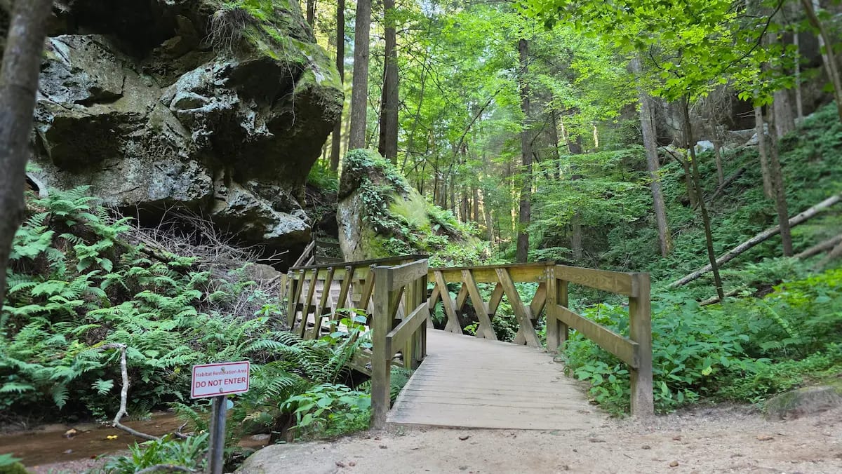 Bridge at the end of the paved trail at Conkle's Hollow, Hocking Hills Ohio in August