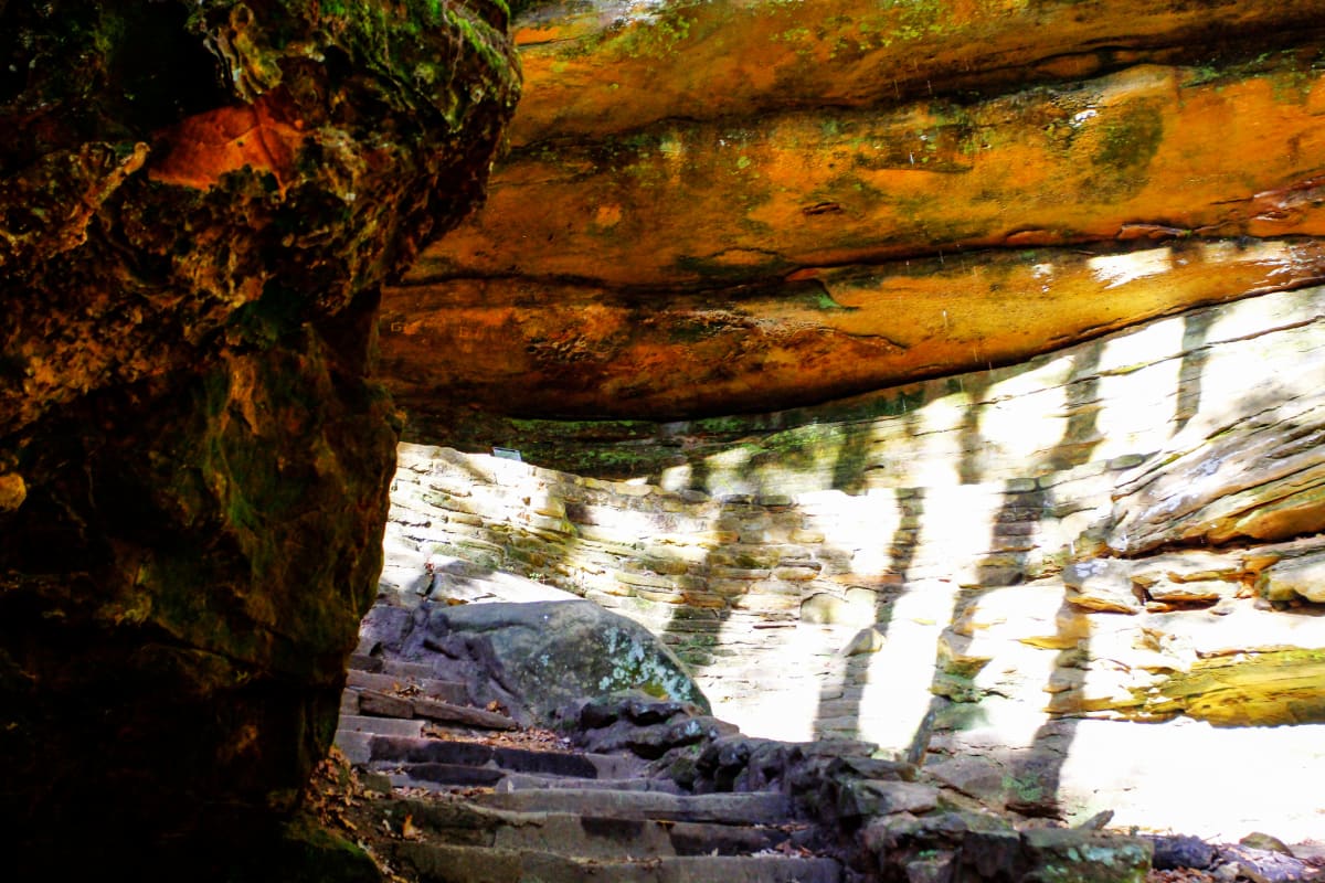 Old Man's Cave gorge in Hocking Hills Ohio with fall foliage