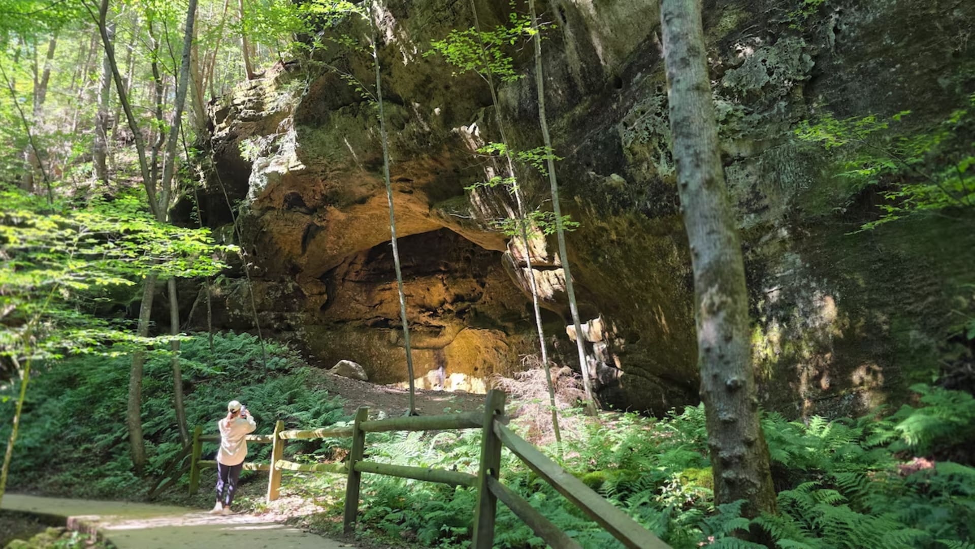 Conkle's Hollow gorge trail Hocking Hills Ohio — narrow sandstone gorge walls rising 200 feet on both sides