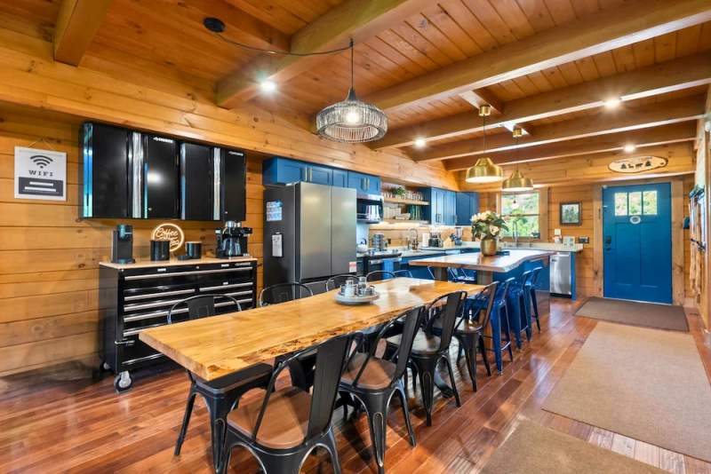 Open kitchen and dining space for gathering at the lodge