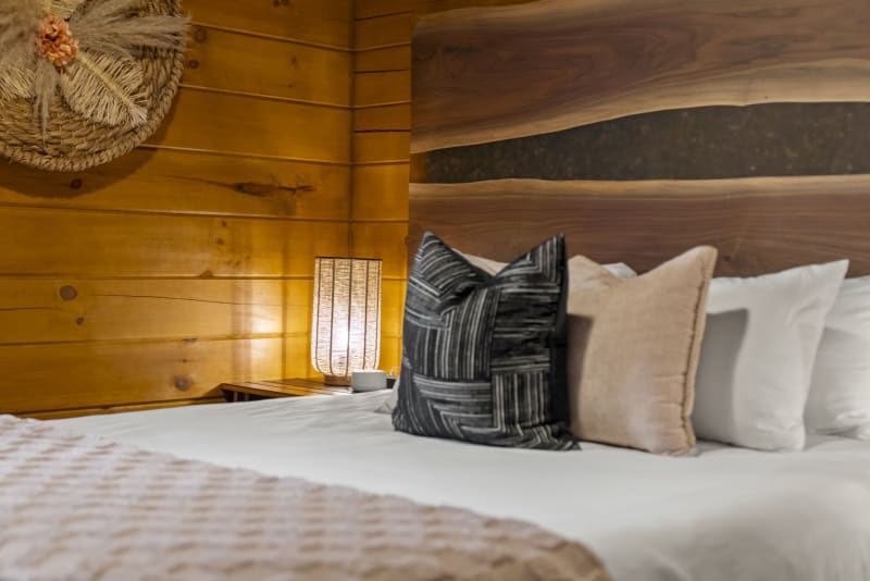 Pool house lodge bedroom1 Walnut headboard