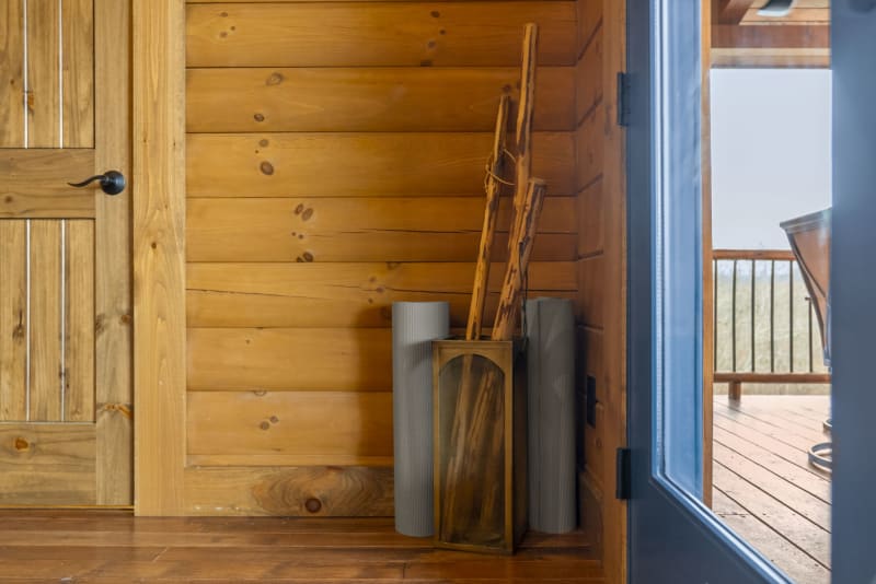 Pool house lodge cabin entry walking sticks french door deck