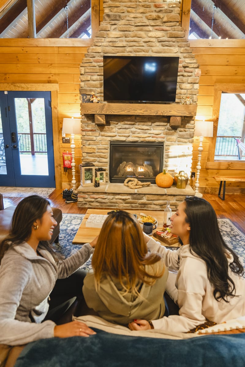 Pool house lodge friends fireplace tv living room
