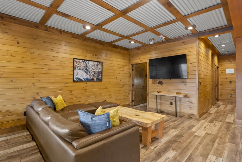 Pool house lodge game room sectional sofa tv corrugated ceiling