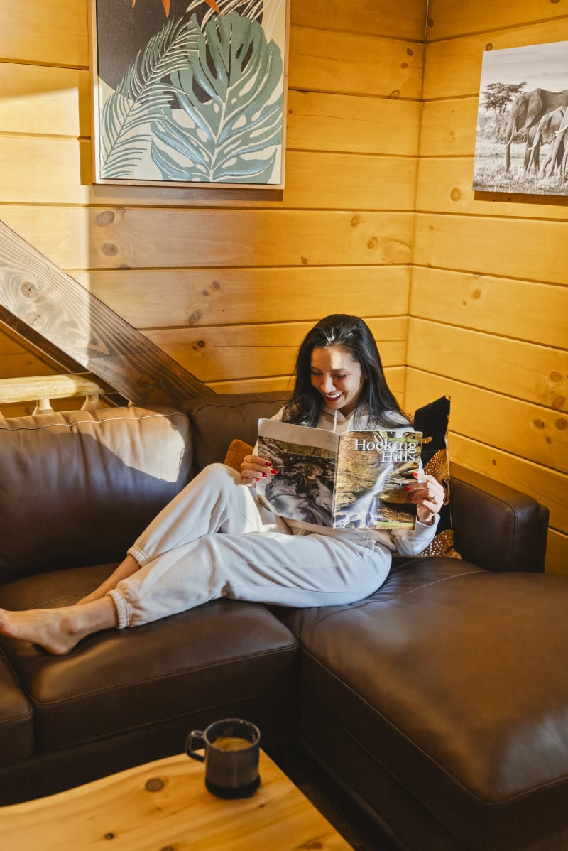 Pool house lodge hocking hills magazine couch relaxing